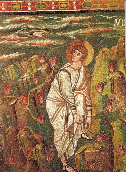 Mose vor dem brennenden Dornbusch (Mosaik in San Vitale in Ravenna; 6. Jh.)